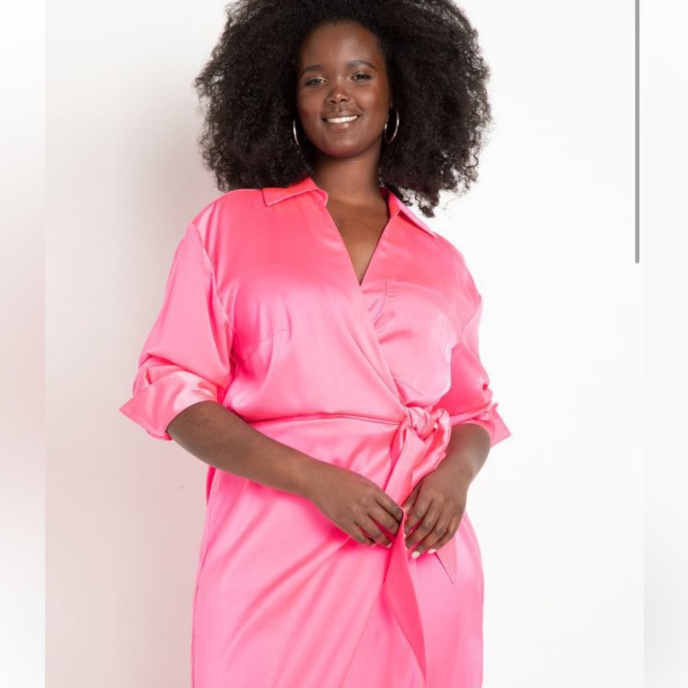 Eloquii Bright Pink Satin Maxi Wrap Dress - Picture 3 of 9